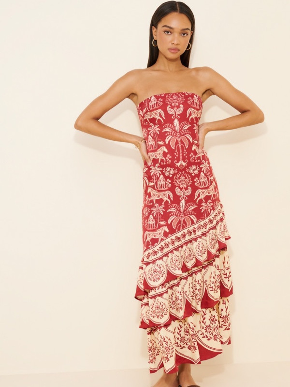 Farm Rio Haras Dark Red Strapless Maxi Dress Size XS